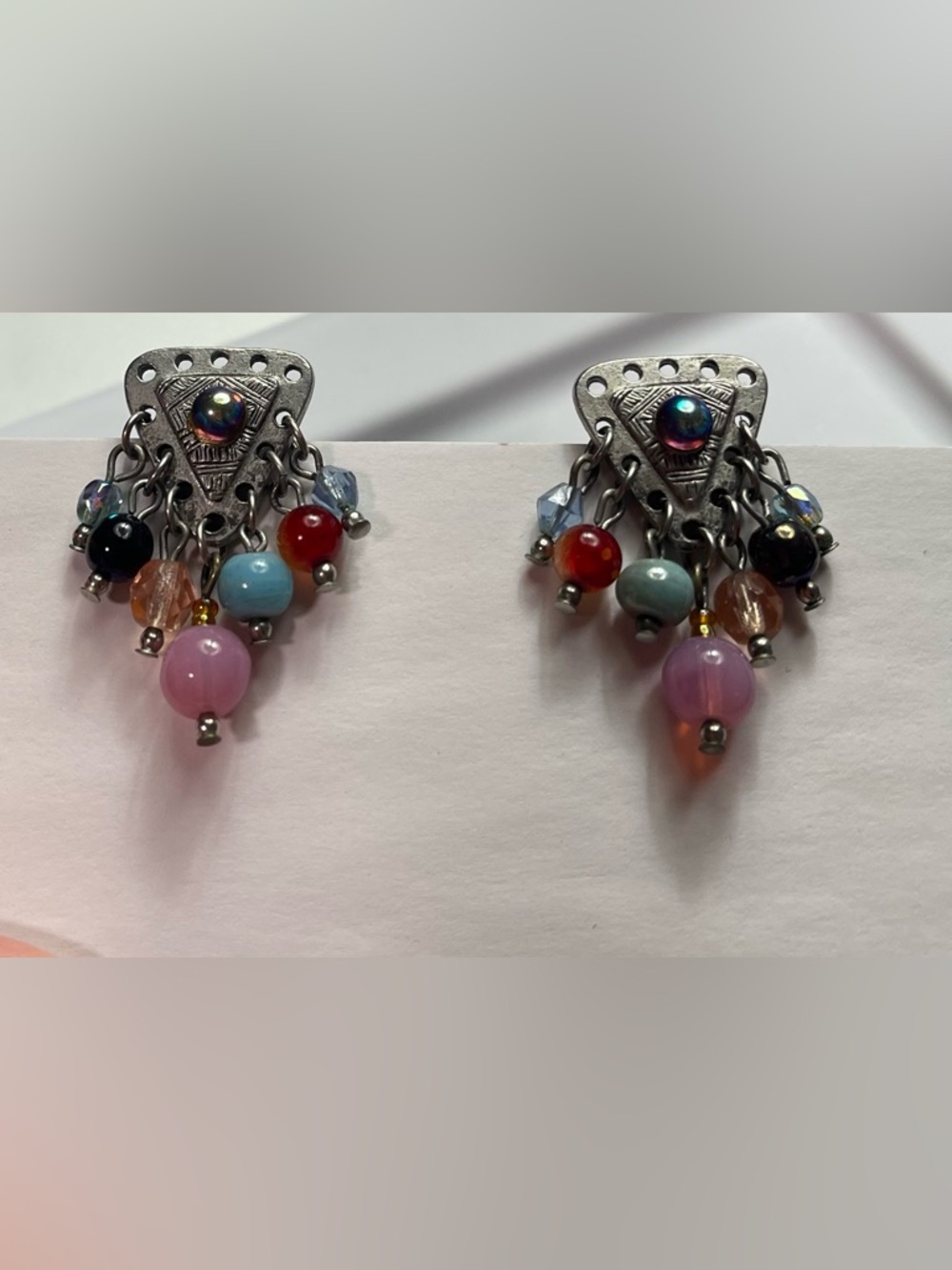 Vintage 90s Multicolor Dangle Bead Earrings with Silver-Tone Accents